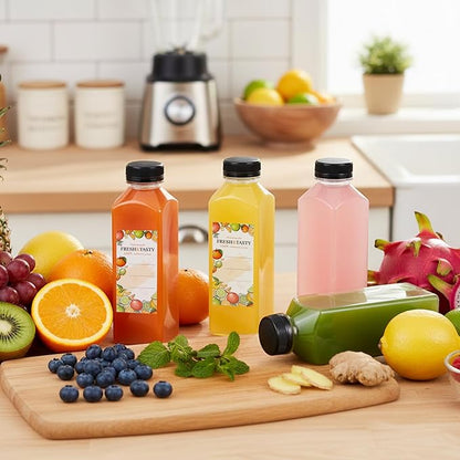 TOMNK 6pcs Juice Bottles, 16oz Reusable Plastic Juice Bottles with Caps and Labels, Funnel, Brush Beverage Containers for Juicing, Smoothies, Tea, Milk