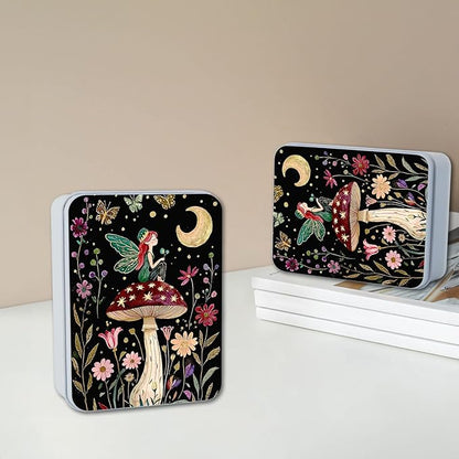 Metal Tin Box with Lid for Game Cards Home Organizer Candles Keys Crafts Storage - Equipped with 4 Magnetic Cord Clips，Mushroom Fairy and Moon