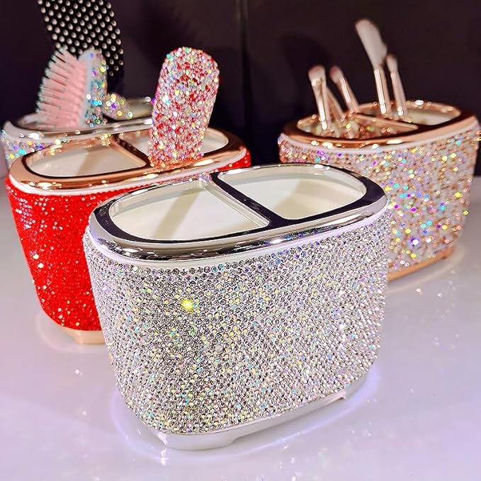 Luxury Bling Rhinestone-Embellished Makeup Organizer Box Storage – Large Capacity Cosmetic Brush Lipstick Eyebrow Pencil Storage Box and Desktop Organizer Rack (Golden)