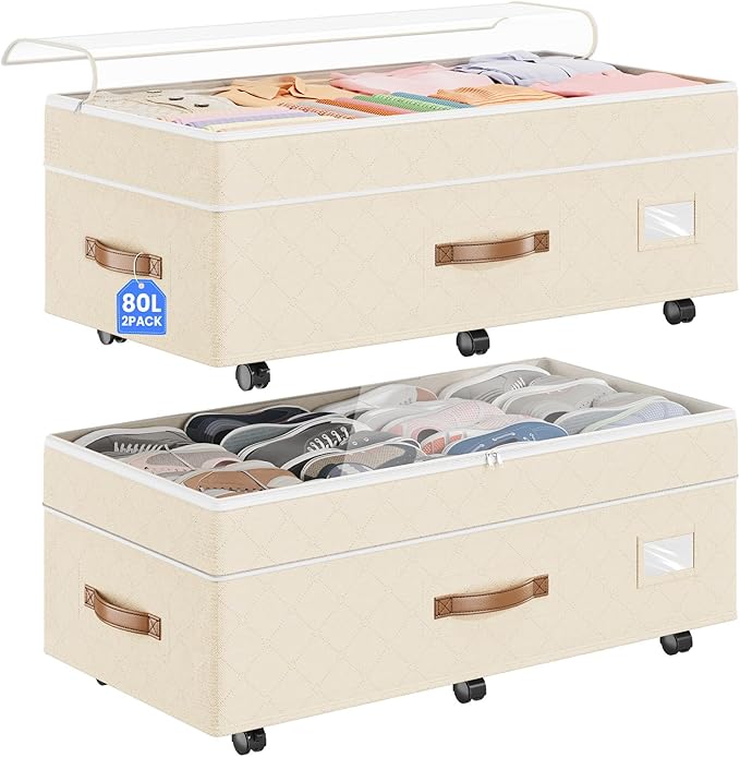 Budding Joy Under Bed Storage with Wheels 2Pack, 80L Height Adjustable Underbed Containers with Clear Lids, Rolling Under Bed Shoe Storage Organizer for Dorm Home Clothes, Blankets, Toys, Beige