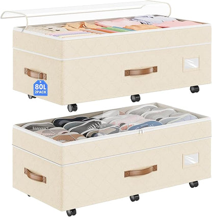 Budding Joy Under Bed Storage with Wheels 2Pack, 80L Height Adjustable Underbed Containers with Clear Lids, Rolling Under Bed Shoe Storage Organizer for Dorm Home Clothes, Blankets, Toys, Beige