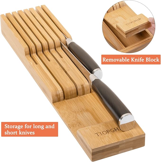 TIOPGHAD Bamboo-Silverware-Drawer-Organizer-Kitchen, Expandable Utensil Holder Cutlery Tray Flatware Organization Adjustable Wood Tableware Dividers Storage (with Removable Knife Block)(Natural)