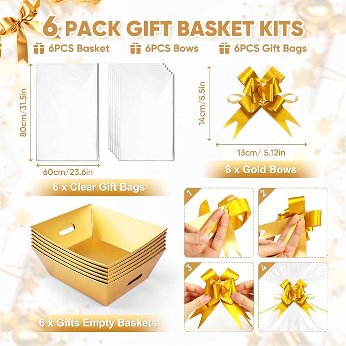 AFOROEOA 6PACK Gold Baskets for Gifts Empty, 12x10x4” Thick Cardboard Gift Basket Kit with 6 Bows & 6 Bags - Kraft Empty Gift Baskets for Christmas, Weddings, Birthdays, Holiday Gifting