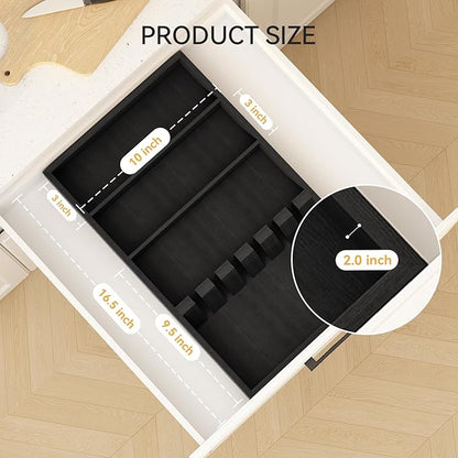 Yofidra Pure Bamboo Silverware Drawer Organizer: 16.5 Inch Large Silverware Utensil Tray Holder, 3-Compartment with 6 Card Slots Kitchen Flatware Organizer Home Essentials, 2024 New Upgrade