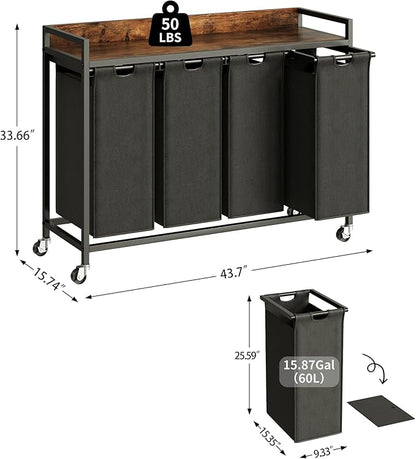 Herture Laundry Hamper with Shelf, Laundry Basket 4 Section, Laundry Sorter with Pull-Out Removable Large Bags and Movable Wheels, Metal Frame, 4 x 15.87 Gallons (60L), Rustic Brown + Black PF07XLY