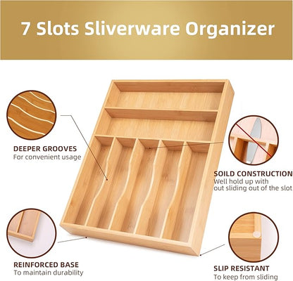 Besilord Silverware Organizer Kitchen Drawer Organizer Utensil Organizer Bamboo Silverware Holder Cutlery Organizer in Drawer Flatware Organizer Tray(7 slots, Natural