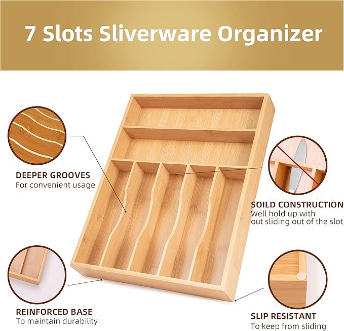 Upassion Bamboo Kitchen Drawer Organizer, 13 Inch Silverware Organizer with Extra-deep Grooved Divider, 7 Slots Pure Bamboo Wood Caddy for Flatware Cutlery Knives, Forks, Spoons