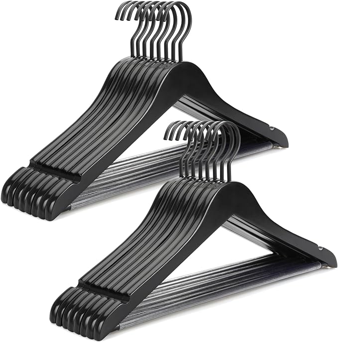 TOPIA HANGER Premium Wooden Hangers, Luxury Boutique Wood Hangers with Extra Thick Hook and Non Slip Pants Bar, Heavy Duty Coat Hanger with Notches 16 Pack, Black -CT01B
