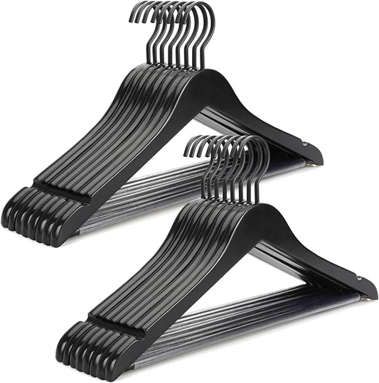 TOPIA HANGER Premium Wooden Hangers, Luxury Boutique Wood Hangers with Extra Thick Hook and Non Slip Pants Bar, Heavy Duty Coat Hanger with Notches 16 Pack, Black -CT01B