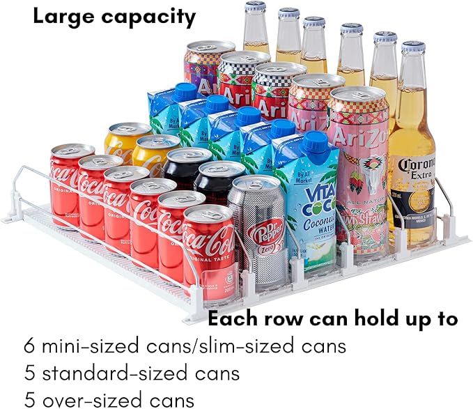 Baraiser Drink Organizer for Fridge, Self-Pushing Soda Can Organizer for Refrigerator, Width Adjustable Pusher Glide, Automatic Drink Dispenser (5 Rows, White)