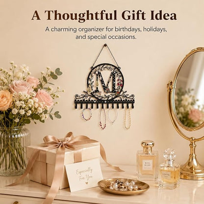 Wall-Mounted Metal Initial Letter M Earring Holder Hanging Jewelry Organizer for Earrings and Necklaces Space-Saving Wall Display with Hooks for Jewelry Storage