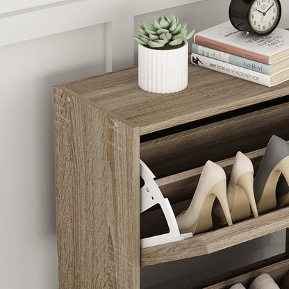 Homsee Modern Shoe Storage Cabinet with 3 Flip Drawers & Twill Louver Doors, Wood 3-Tier Shoe Rack Storage Organizer for Entryway, Hallway & Bedroom, Brown (22.4”L x 9.4”W x 42.3”H)