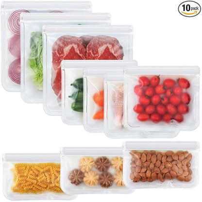 10 Pack Dishwasher Safe Reusable Bags, Silicone, Leakproof, BPA Free, Reusable Food Storage Bags for Lunch, Marinate, Freeze, Travel (Clear) - 3 Gallon, 3 Snack, 4 Sandwich