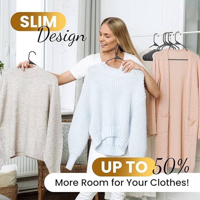 Our Modern Space 100 Pack Plastic Hanger for Shirt Pants Coats Dresses Skirts Suits Jackets - Standard Thick Coat Hanger - Sturdy & Durable Design with Shoulder Grooves Hook - Grey
