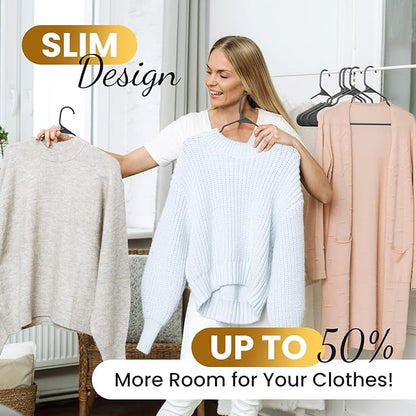 Our Modern Space 100 Pack Plastic Hanger for Shirt Pants Coats Dresses Skirts Suits Jackets - Standard Thick Coat Hanger - Sturdy & Durable Design with Shoulder Grooves Hook - Grey