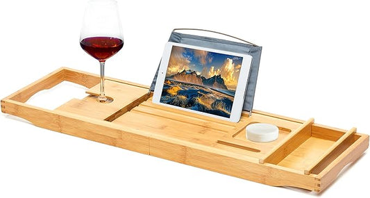 RoyalHouse Bamboo Bathtub Caddy Tray, Expandable Bath Table Over Tub with Glass Book, Adjustable Organizer Tray for Bathroom, Wine and Phone Holder, Ideal Gift for Family & Friends