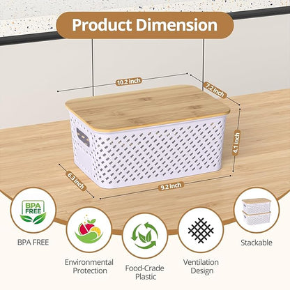 Plastic Storage Bins with Bamboo Lids, Stackable Small Box Baskets for Organizing and Containers for Shelves Drawers Desktop Closet Pantry Classroom Office Home, 6 Pack 10.2"x7.2"x4.1" Lavender