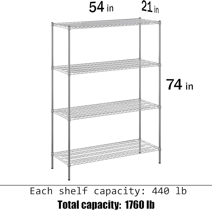 21" Deep x 54" Wide x 74" Height Wire Shelving Kit | 4-Tier | NSF Commercial Storage Rack Unit