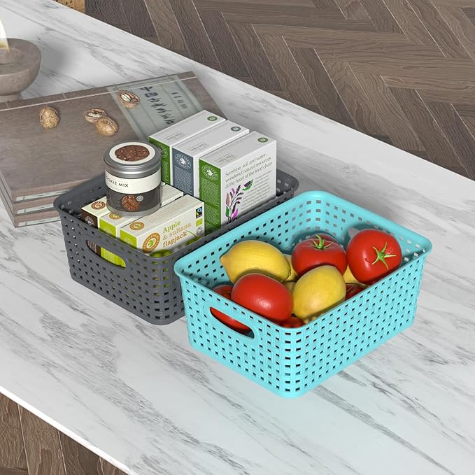 Mixed Color Rectangle Organizer Basket, Plastic Woven Storage Shelf Baskets, 6 Packs