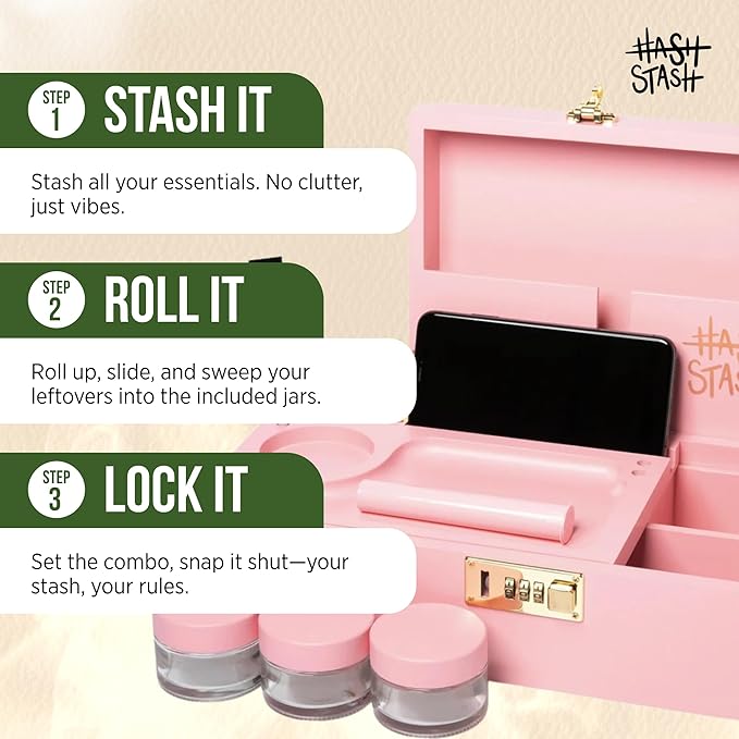 HASHSTASH The OG Storage Box - Large Bamboo Box with Combination Lock, Magnetic Lid, Organizer Tray, Tube, Brush and 3 Jars - Discreet Decorative Stash Storage Lock Box with Accessories (Pink/Gold)