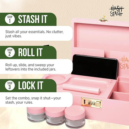 HASHSTASH The OG Storage Box - Large Bamboo Box with Combination Lock, Magnetic Lid, Organizer Tray, Tube, Brush and 3 Jars - Discreet Decorative Stash Storage Lock Box with Accessories (Pink/Gold)
