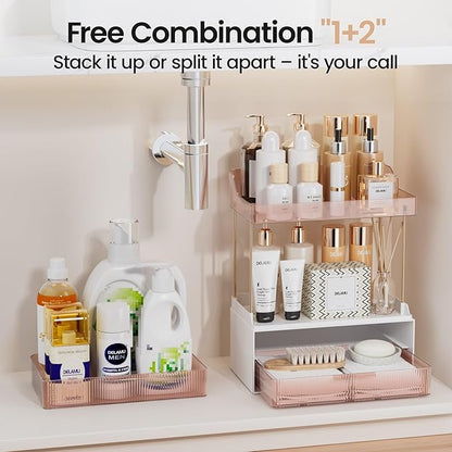 Delamu Bathroom Organizers and Storage, 2 Tier 2 Drawer Makeup Organizer Countertop, Easy to Install, Ideal for Bathroom Counter, Vanity, Ideal Gifts for Women Girls, Grapefruit