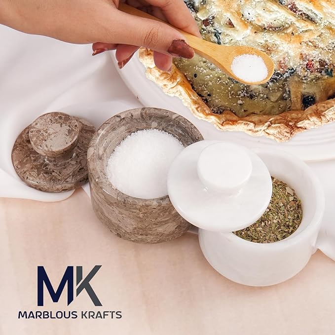 MARBLOUS KRAFTS Marble Salt Cellar with Lid 3" White and Oceanic Celtic Salt & Pepper Containers, Perfect for Home & Kitchen, Salt & Sugar Bowls, Spring Table Decor, Gift for Mom