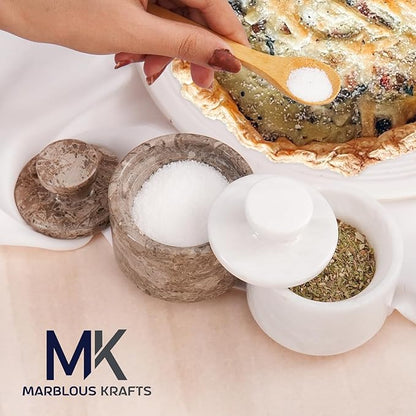 MARBLOUS KRAFTS Marble Salt Cellar with Lid 3" White and Oceanic Celtic Salt & Pepper Containers, Perfect for Home & Kitchen, Salt & Sugar Bowls, Spring Table Decor, Gift for Mom