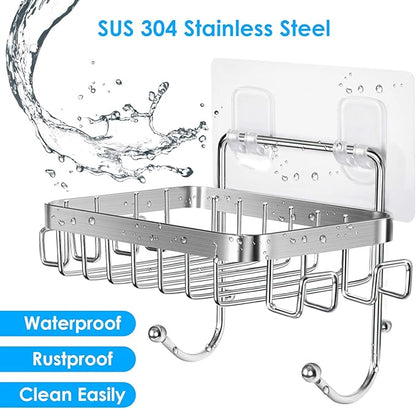 ODesign Soap Dish Holder SUS304 Stainless Steel with 6 Hooks Loofah Bath Sponge Towel Razor Holder for Bathroom Shower Kitchen Adhesive Wall Mounted No Drilling-Silver-1 Pack