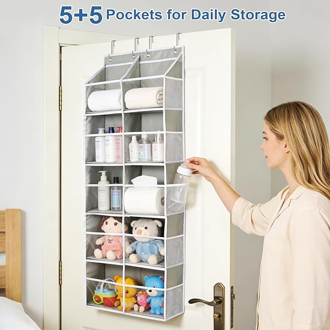 Widousy Heavy Duty Over The Door Organizer, 5-Tier Extra Large Behind Door Storage with 10 Big Front & 10 Mesh Pockets, 80lb Weight Capacity, Hanging Storage for Toys, Diapers, Shoes, Clothes