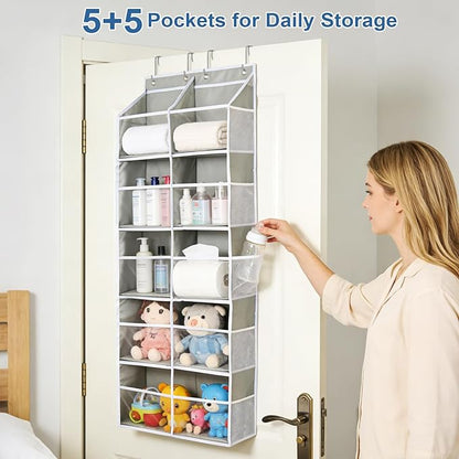 Widousy Heavy Duty Over The Door Organizer, 5-Tier Extra Large Behind Door Storage with 10 Big Front & 10 Mesh Pockets, 80lb Weight Capacity, Hanging Storage for Toys, Diapers, Shoes, Clothes