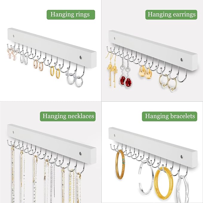 Necklace Holder Wall Mounted Jewelry Organizer - 2 Pack Wooden with 28 Hooks, Hanging Earring & Ring Bracelet Storage, Decorative Space-Saving Jewelry Display (White)