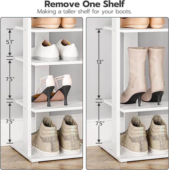 HOOBRO 8 Tiers Vertical Shoe Rack, Wooden Shoe Storage Organizer with Hooks, Narrow Shoe Tower for 8 Pairs, Space Saving, for Entryway, Living Room, Bedroom, White WT07XJ01G1