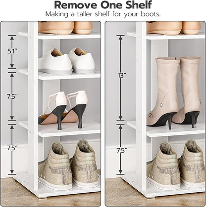 HOOBRO 8 Tiers Vertical Shoe Rack, Wooden Shoe Storage Organizer with Hooks, Narrow Shoe Tower for 8 Pairs, Space Saving, for Entryway, Living Room, Bedroom, White WT07XJ01G1