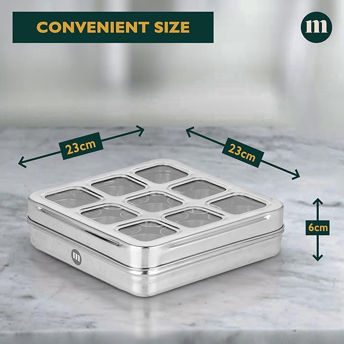 MARU Stainless Steel 9-in-1 Square Masala Dabba – Spice Box with 9 Round Containers, Individual See-Through Lids, and Durable Design for Easy Kitchen Storage (9 IN 1 Without inside lids)