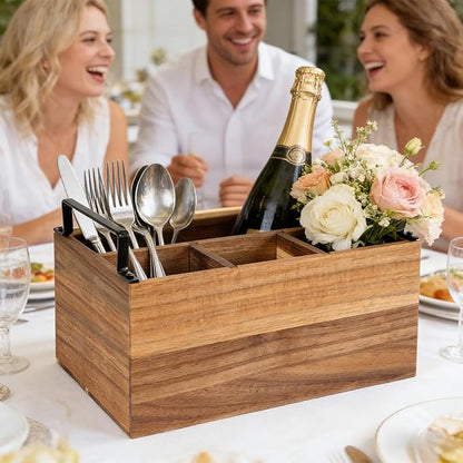 Wooden Silverware Caddy with Detachable Handles, Wood Utensil Silverware Holder for Party, Flatware Caddy Organizer for Kitchen and Office