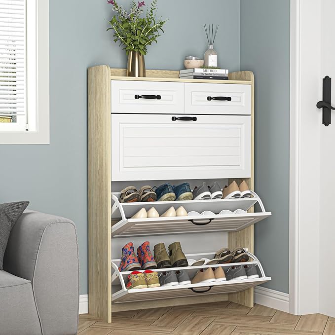 VERYKE Shoe Storage Cabinet for Entryway with 3 Flip Drawers and 2 Top Drawers,Large Shoe Rack Organizer Cabinet for Closet,Hallway