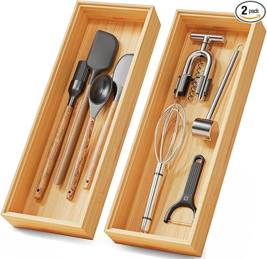Bamboo Kitchen Drawer Organizer Boxes – 14" x 5" Stackable Wood Silverware Utensil Tray for Drawers Bins Cutlery & Flatware Storage – Wooden Pantry Organizers Set of 2 for Junk Drawer Bathroom Rv