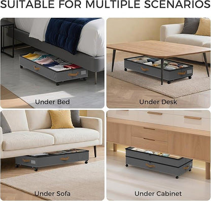 Under Bed Storage with Wheels 2-Pack, 75L XXL Under the Bed Storage Containers Large, 12" Tall Adjustable Storage for Underbed with Lids, Rolling for Shoes, Clothes, Blankets (Grey)