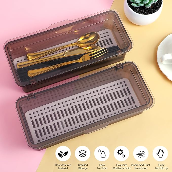4 PCS Flatware Tray with Lid and Drainer, Silverware Tray with Lid, Plastic Utensil Drawer Organizer, Clear Grey Cutlery Storage Container for Kitchen Home Travel