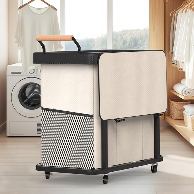 60 Gal (230L) Laundry Hamper 3 Section with Lid, Leather Patchwork Laundry Sorter with Rolling Lockable Wheels and Handle, Laundry Basket Organizer for Laundry Room, Bedroom and Bathroom - Beige