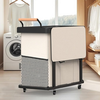 60 Gal (230L) Laundry Hamper 3 Section with Lid, Leather Patchwork Laundry Sorter with Rolling Lockable Wheels and Handle, Laundry Basket Organizer for Laundry Room, Bedroom and Bathroom - Beige