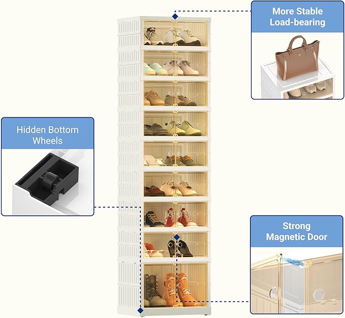 FLEXIMOUNTS Shoe Rack Organizer Storage Box 9 Tiers-18 Pairs, Tall Portable Folding Shoe Rack for Closet Entryway, Collapsible Shoe Cabinet with Magnetic Clear Door for Front Door Entrance