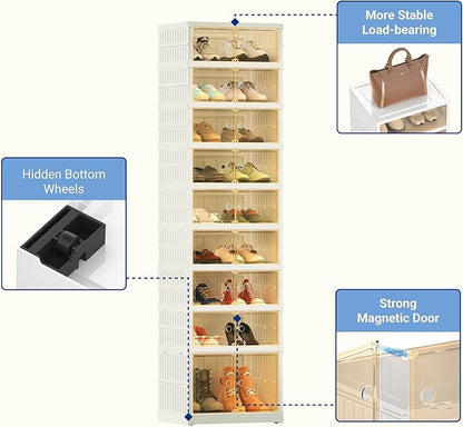 FLEXIMOUNTS Shoe Rack Organizer Storage Box 9 Tiers-18 Pairs, Tall Portable Folding Shoe Rack for Closet Entryway, Collapsible Shoe Cabinet with Magnetic Clear Door for Front Door Entrance
