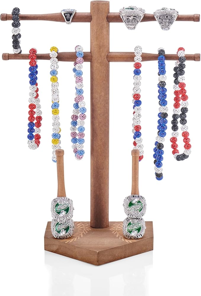 NEW Wooden Baseball & Softball Championship Ring Holder with Drip Necklace Display – Sports Organizer Baseball Gifts for Jewelry & Awards(NO TEXT)