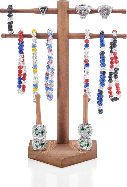 NEW Wooden Baseball & Softball Championship Ring Holder with Drip Necklace Display – Sports Organizer Baseball Gifts for Jewelry & Awards(NO TEXT)