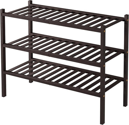 ROMGUAR CRAFT 3 Tier Bamboo Shoe Rack for Closet Free Standing Wood Shoe Shelf for Entryway Small Space Stackable 27"x11"x20" (Brown)