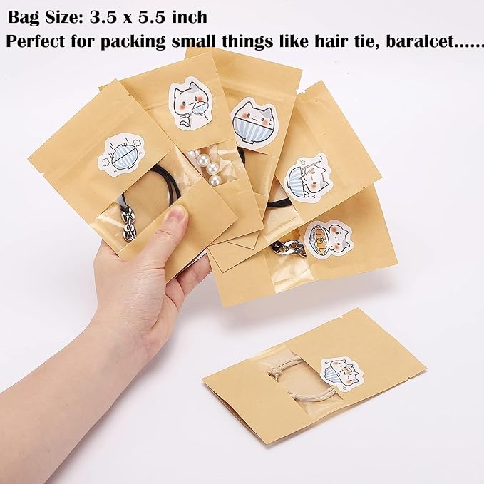 100pcs 3.5 x 5.5 inch Kraft Paper Treat Bags with Window Ziplock Stand Up Pouches for Food Storage Cookies Snacks Tea Packing