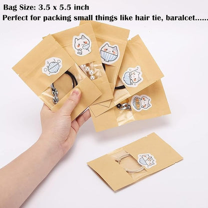 100pcs 3.5 x 5.5 inch Kraft Paper Treat Bags with Window Ziplock Stand Up Pouches for Food Storage Cookies Snacks Tea Packing