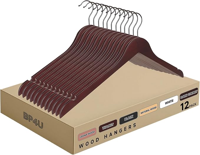 Premium Wooden Top Hangers, Heavy Duty Solid Wood Suit Hangers with 360° Swivel Hook & Anti-Slip Notches, Durable Clothes Hangers for Jackets, Coats, Shirts & Dresses(Dark Cherry/12-Pack)